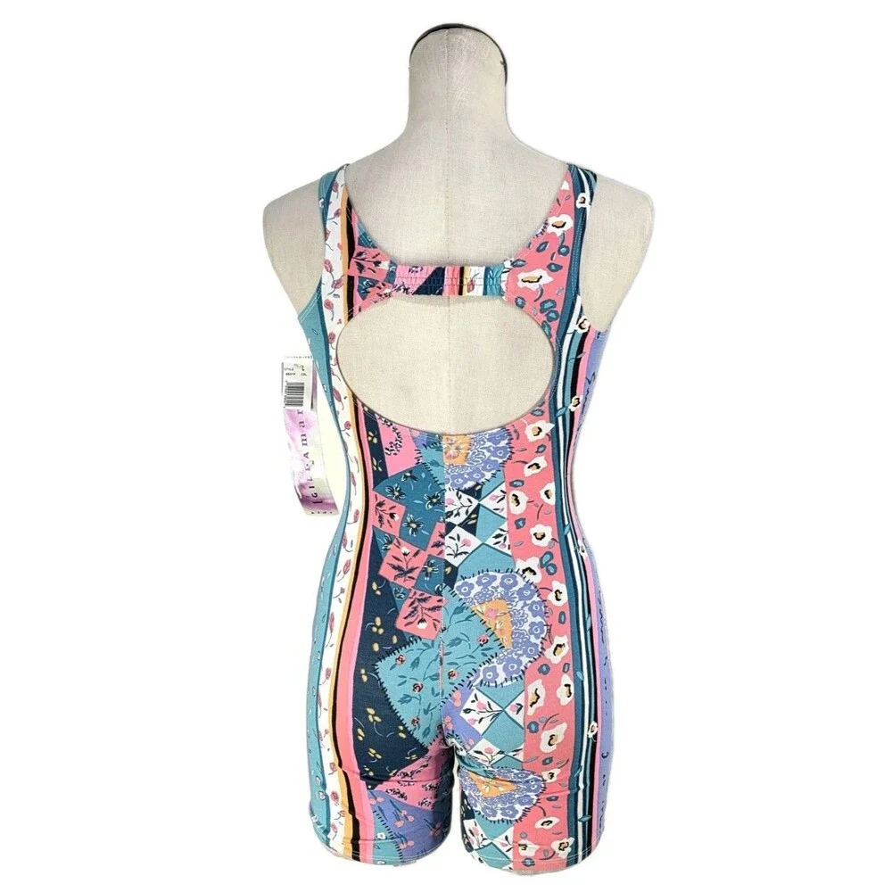 Gilda Marx Kid VTG 80s Pastel Patchwork Cotton Biketard Unitard Open Back Size L